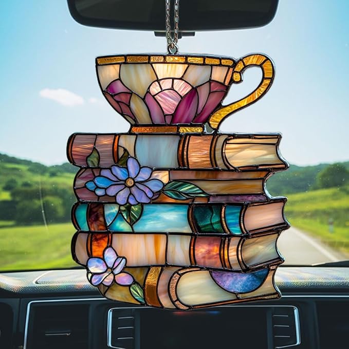 Floral Books and Tea Acrylic Suncatcher Stained Glass Effect Window Car Hanging Christmas Ornament Indoor Outdoor Decor Garden Sun Catcher Panel for Book Lover for Women Mom Grandma