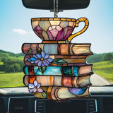 Floral Books and Tea Acrylic Suncatcher Stained Glass Effect Window Car Hanging Christmas Ornament Indoor Outdoor Decor Garden Sun Catcher Panel for Book Lover for Women Mom Grandma