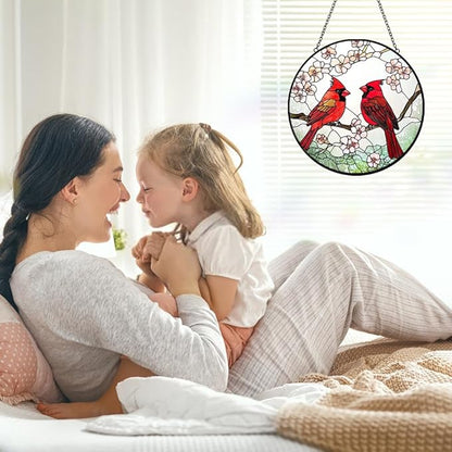 Cardinal Stained Glass Window Suncatcher Hanging - Red Birds Sun Catchers Handmade Cardinal Suncatchers for Home Garden Decor Panel - Memorial Sun Catcher Mother's Day Birthday Gifts for Mom Grandma