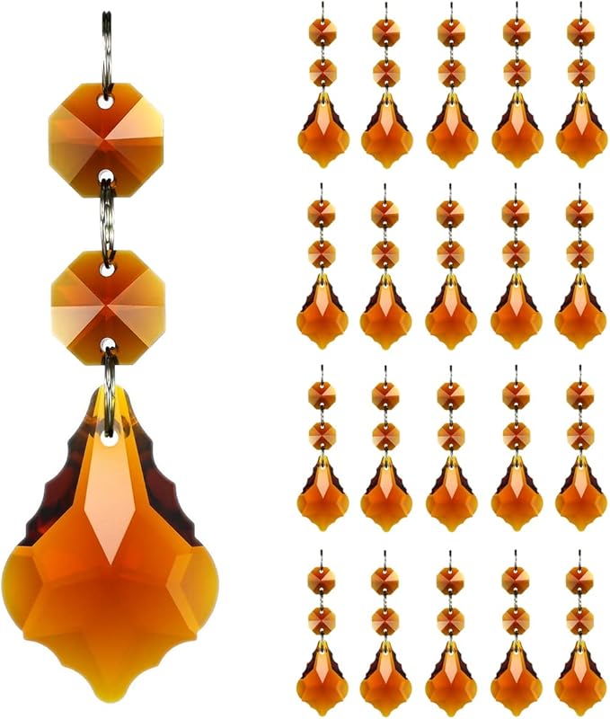 20pcs Crystal Maple Leaf Chandelier Pendant Prisms, Hanging Glass Crystals Octagon Beads for Christmas Party Decoration 38mm (Amber)