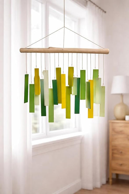 Glass Wind Chime, Large 20″ – Green Harmony Recycled Glass & Driftwood Hanging Chime for Porch, Patio & Home