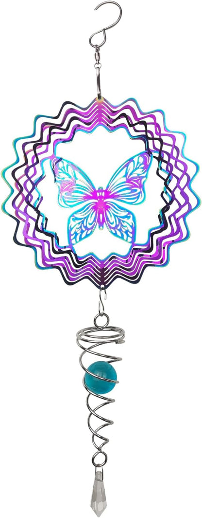 Andiker Butterfly Wind Spinner with Tail Spinner, 3D Gradient Color Garden Spinner with Ball Spiral Tail, Metal Hanging Wind Chime for Indoor Outdoor Garden Decoration (Colorful Butterfly)