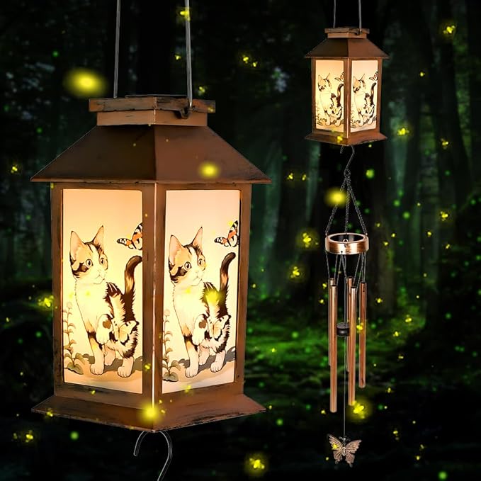 Cat Lantern House Solar Wind Chime-Solar Light Wind Chime for Outdoor Patio, Porch, and Garden Decorfor Nature Lovers,Shaped Wind Chimewith Lantern Design