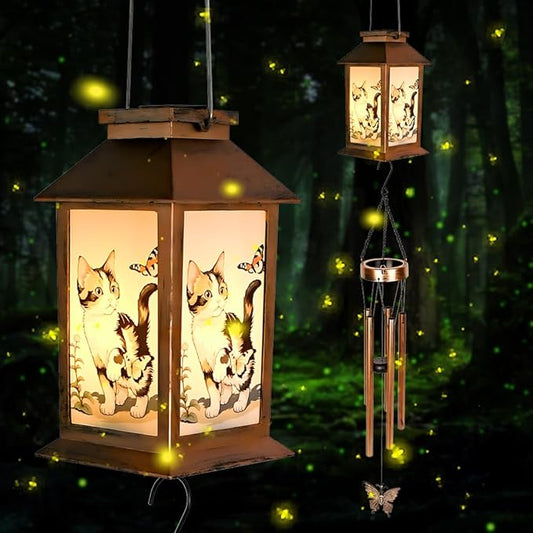 Cat Lantern House Solar Wind Chime-Solar Light Wind Chime for Outdoor Patio, Porch, and Garden Decorfor Nature Lovers,Shaped Wind Chimewith Lantern Design