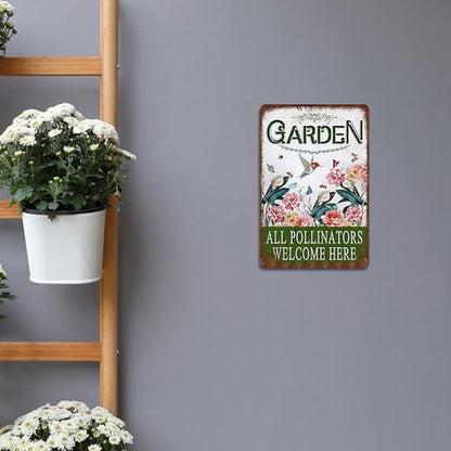 Vintage Garden Tin Signs - Retro Backyard Wall Decor Metel Signs Gift For Gardening Lovers - all pollinators welcome here