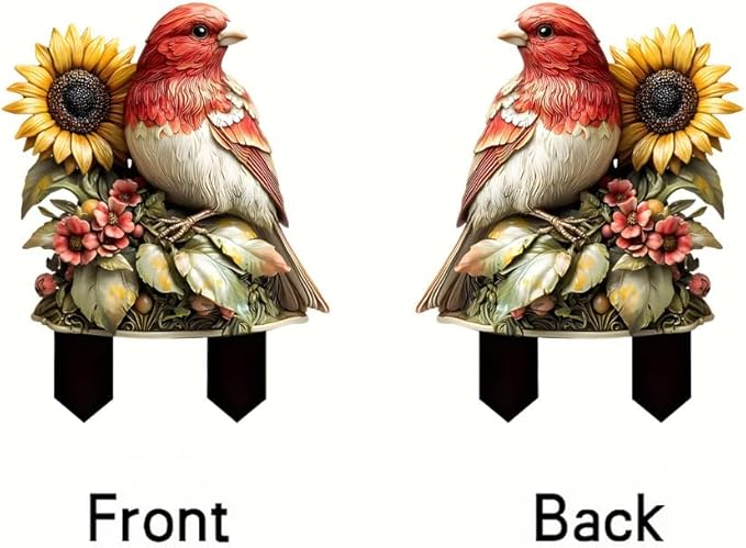 Garden Stake Decor, Acrylic 2D Flat Cute Animal Statue, Fairy Sculptures Ornament Indoor Outdoor Yard Lawn Pot Plant Decorative Accessories (Sunflower&Bird)