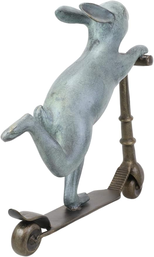 Ebros Gift Large Aluminum Metal Verdigris Whimsical Speedy Bunny Rabbit Riding On Scooter 3D Art Garden Stake Statue 18.25" Long for Outdoors Yard Pool Home Decorative Accent