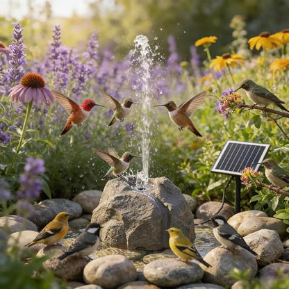 Realistic Granite Rock Solar Bird Bath Fountain, Exquisite Solar Fountain for Bird Bath, Solar Powered Water Fountain with 10 Nozzles, for Garden, Pond, Bird Baths (Gray)
