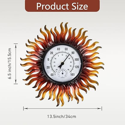 Outdoor Thermometer Waterproof with Humidity, 13.5 Inch Wall Large Number Easy to Read Outdoor Thermometer, Decorative Outside Thermometer, for Patio, Garden (Sun)