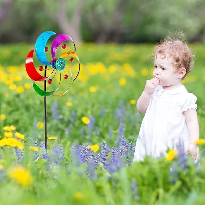 DREAMYSOUL Wind Spinners Outdoor, 10" Dia Metal Pinwheels for Yard and Garden, Kinetic Wind Sculptures & Spinner Outside (Colorful with Ruby)