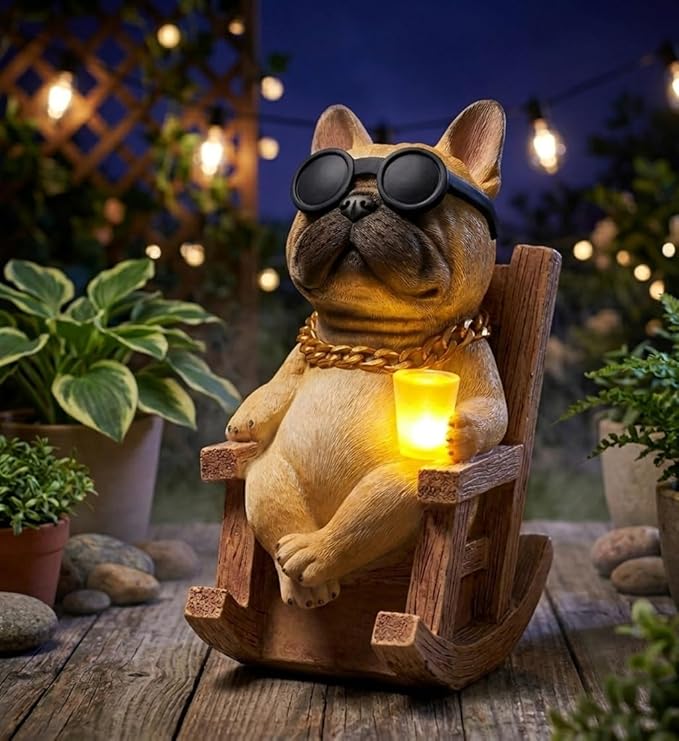 Solar French Bulldog Garden Statue, Funny Frenchie Dog Figurine for Outdoor Yard, Patio, & Lawn Décor, Unique Frenchie Gifts for Housewarming & Birthday,7 Inch Resin (Fawn)