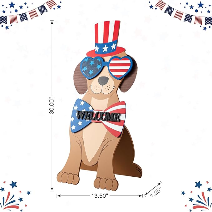Glitzhome 30"H Patriotic Porch Sign Wooden Americana Labrador-shape Easel Porch Decor Front Door Sign for 4th of July Independence Day Memorial Day Decoration