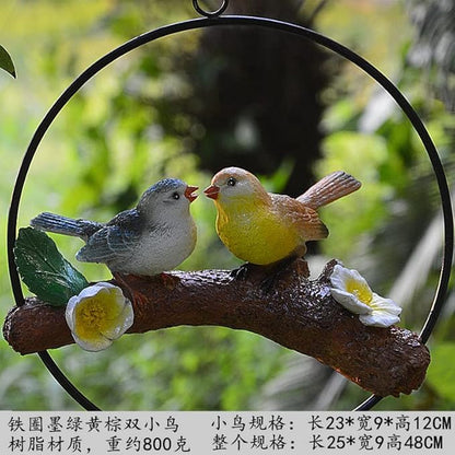 Mini Garden Statues Hanging Iron Ring Parrots, Resin Parrot Hanging Statue, Hanging Birds Figurine for Pathways Yard Patio Office Home Indoor Outdoor Tree Decorations (F-1)