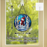 Stained Glass Window Hanging - Christmas Snowman & Bird on Birch Tree Branch Sun Catchers Panel for Indoor Decorative Display for Mom, Wife, Lovers, Festive