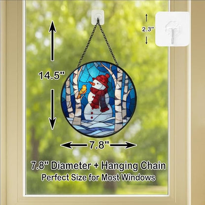 Stained Glass Window Hanging - Christmas Snowman & Bird on Birch Tree Branch Sun Catchers Panel for Indoor Decorative Display for Mom, Wife, Lovers, Festive