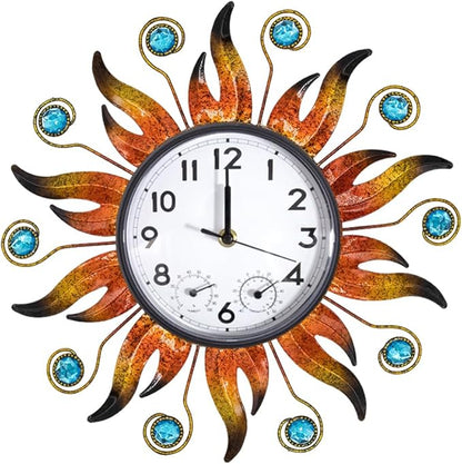 Sun Outdoor Clock with Thermometer and Hygrometer Combo, Silent No-Ticking Outdoor Wall Clock, Waterproof Quartz Clock for Patio, Living Room, Kitchen, Garden, 13 Inch
