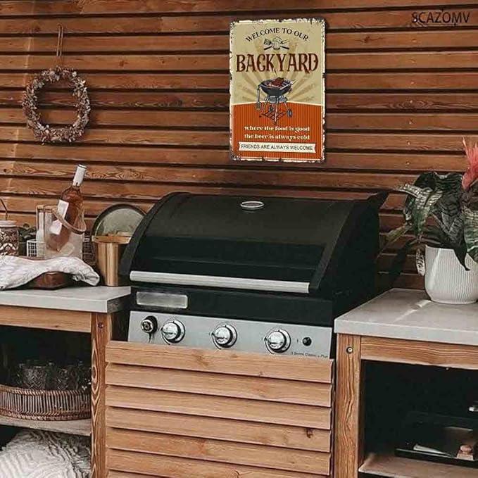 SCAZOMV Welcome To Our Backyard Sign 8" X 12" Funny Patio Outdoor Pool Backyard Bar Sign Decoration Farmhouse Sign Home Decor Wall Art