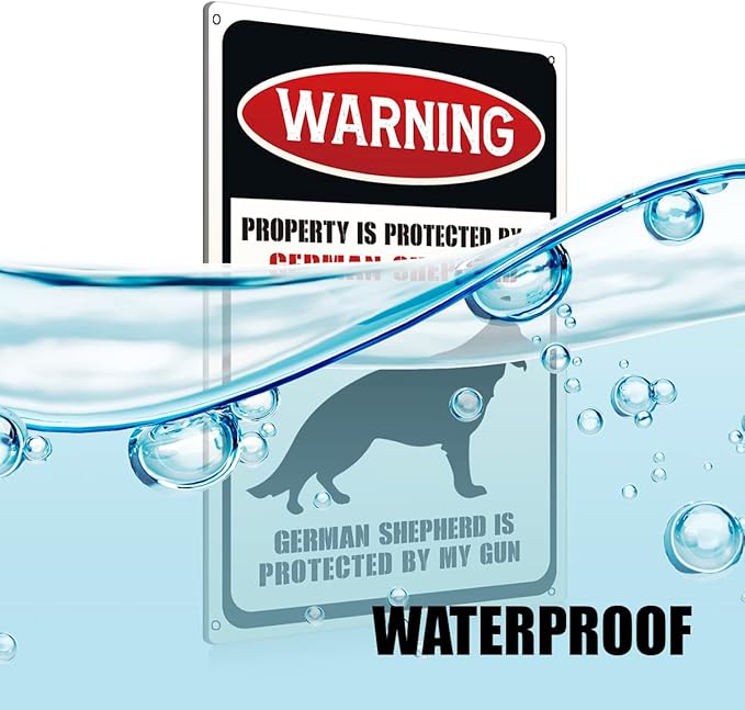 Funny Dog Warning Metal Tin Signs Wall Art Decor Property is Protected By a German Shepherd Sign for Home Decor Gifts to Indoor and Outdoor Use - 8x12 Inch