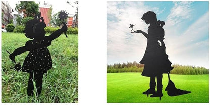 Iron Children Chasing Butterfly Statues Rustic Kids Silhouette Garden Yard Stakes Art Patio Porch Lawn Ornaments (2pcs Girls B)