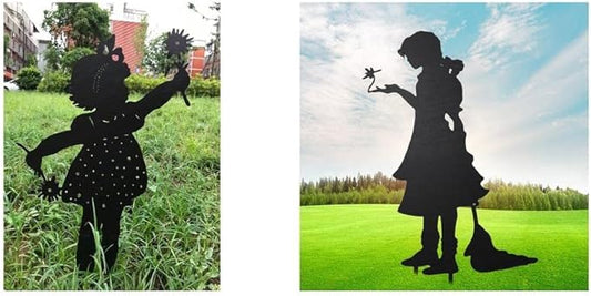 Iron Children Chasing Butterfly Statues Rustic Kids Silhouette Garden Yard Stakes Art Patio Porch Lawn Ornaments (2pcs Girls B)