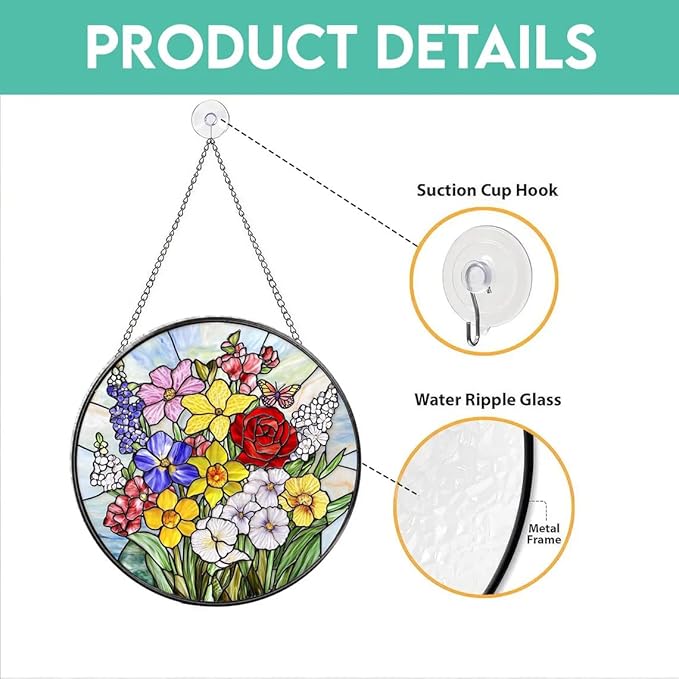 Stained Glass Window Hanging, Colorful Floral with Butterfly Glass Panel Suncatcher Hangings Sun Catchers Garden Decor for Birthday for Women, Men Mom 7.8 in