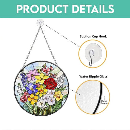 Stained Glass Window Hanging, Colorful Floral with Butterfly Glass Panel Suncatcher Hangings Sun Catchers Garden Decor for Birthday for Women, Men Mom 7.8 in