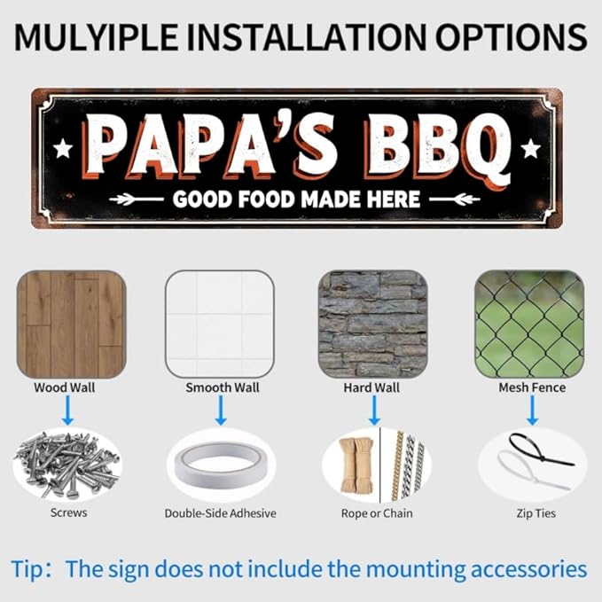 BBQ Restaurant Tin Decor 16 * 4 Inches "PAPA'S BBQ GOOD FOOD MADE HERE" Restaurant/Patio Wall Art - Retro BBQ Accent, Southern Decor, BBQ Metal Sign