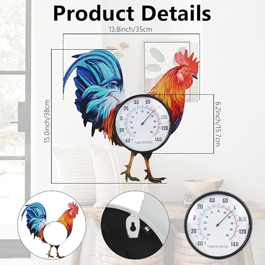 15" Rooster Outdoor Thermometer, Metal Indoor Wall Thermometer, Outside Thermometer with Large Number for Patio Home Room Decor