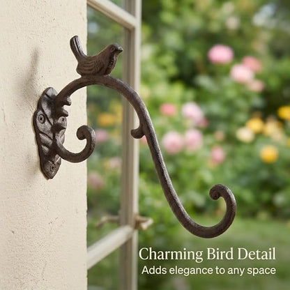 Z metnal Cast Iron Plant Hanger - Bird Rustic Wall Mounted Hanging Basket Holder for Outdoor Garden, Patio, Porch Decor - Heavy Duty Metal Hook Bracket, Black