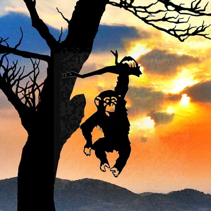 Hanging On The Branch Monkey Statue Garden Stake Yard Art Decor Iron Silhouette Metal Wall Art Home Garden Patio Outdoor Statue (9.84IN*6.1IN)