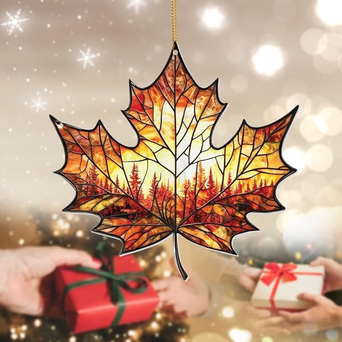 Stained Glass Acrylic Maple Leaf Ornament – Autumn & Christmas Tree Decoration 2026, Fall Harvest Sun Catcher, Nature-Themed Holiday Décor, Maple Leaf Gift for Home & Garden(Sun-14)