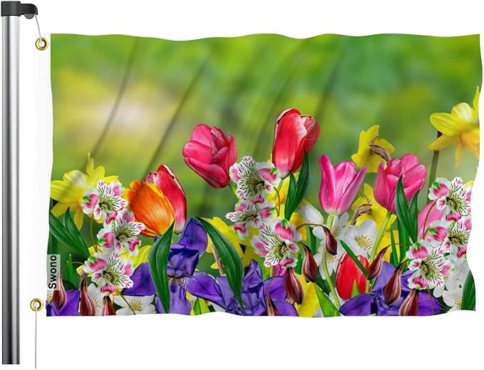 Swono Daffodils Tulips 3x5 Flag Red Purple Spring Flowers Bud Bloom Park Garden Flag Outdoor Flag Garden Yard Outdoor Outside Decorative Flag