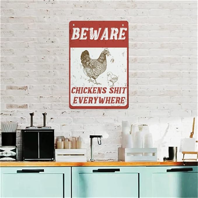 QHOVPA Farm Yard Sign Lawn Sign Metal Sign, Beware Chickens Shit Everywhere Sign for Home Farmhouse or Business Use 8x12 inches Signage