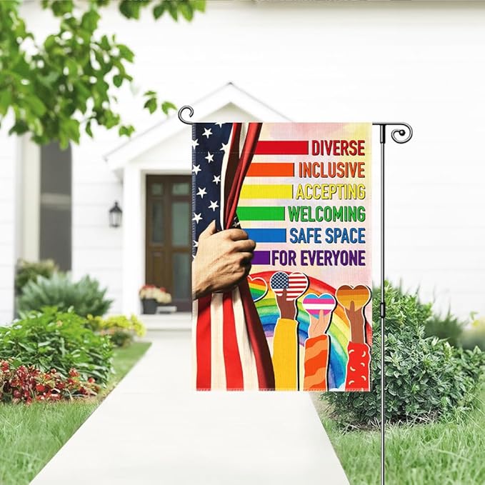 Diverse Inclusive Accepting Welcoming Garden Flag, LGBTQ Pride Ally Flags for Outside, Inclusion And Equality Yard Sign, Diversity Safe Social Justice Kindness Banner, Liberal Outdoor Decor