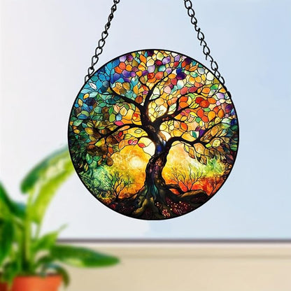 Tree of Life Stained Window Hangings with Chain – Decorative Acrylic Ornament for Windows, Walls, Doors and Gardens, Suitable for Birthday, Mother's Day and Housewarming Gifts