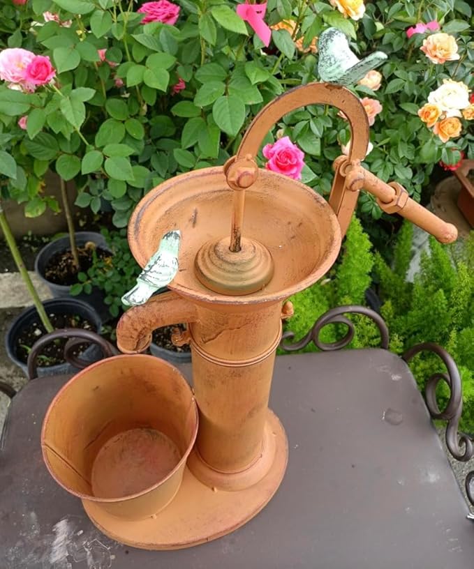 Vintage Garden Water Pump Decor, Rustic Wrought Iron Bird Bath, Red, Blue, White, Rust, Outdoor Yard Decor, Height 22 Inches (Rust)