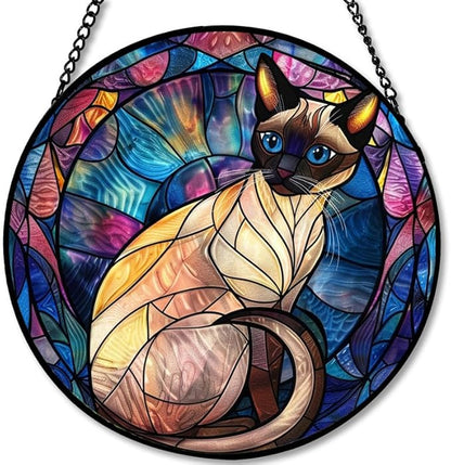 Stained Glass Window Hanging - Halloween Siamese Cat， 7.8in Sun Catchers Panel for Indoor Decorative Display for Mom， Wife， Lovers， Festive