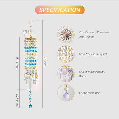 Crystal Wind Chimes for Outside with Rainbow Light Reflections Glass Bells and Rose Gold Alloy Hooks Indoor Outdoor Decor for Home Garden Patio Porch Birthday House Warming (Sky Blue)