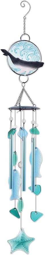 Sunset Vista Designs Windchimes - Handcrafted Glass and Metal Coastal Themed Wind Chime, 36-Inch, Whale