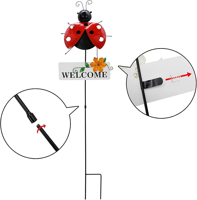 Garden Decor Metal Welcome Yard Stakes Spring Lawn Art Patio Decorative Plant Stake for Flower Pot Pathway Porch Backyard Indoor Outdoor Decoration (Ladybug)
