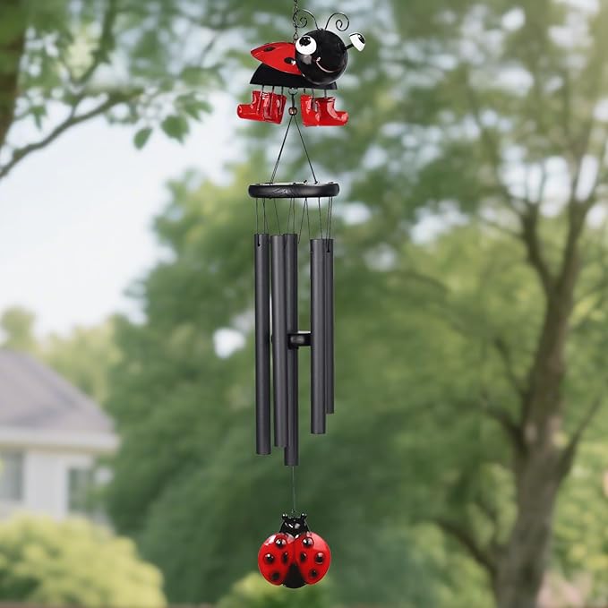 Ladybug Wind Chimes for Outside Metal Cute Beetle with Spinning Feet, Black Aluminum Tubes, Garden Yard Hanging Decor Wind Chimes, for Women, Men, Kids and Nature Lovers