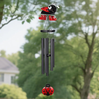 Ladybug Wind Chimes for Outside Metal Cute Beetle with Spinning Feet, Black Aluminum Tubes, Garden Yard Hanging Decor Wind Chimes, for Women, Men, Kids and Nature Lovers