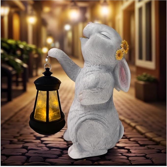 Garden Statue Solar Garden Decor Solar Rabbit with LED Light Outdoor Easter Decorations for Home, Patio, Yard,Lawn Ornaments Waterproof Resin Figurine Christmas Mother's Day Gifts（9.8 Inch）