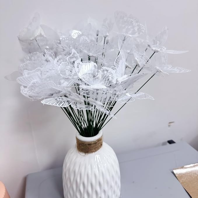 3D Butterfly Garden Stake Decor,10" PVC Butterfly Garden Decor for Outside,Shaking Head Artificial Butterflies for Cake Bouquet Wall Lawn Pathway Plant Pot Flower Bed Yard Decor (50, White)