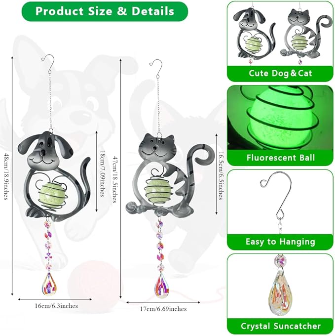 Cat＆Dog Garden Suncatcher,2 Pack Suncatchers with Crystal,Metal Sun Catchers Indoor Window Ornament for Outdoor Indoor Home Garden Decoration