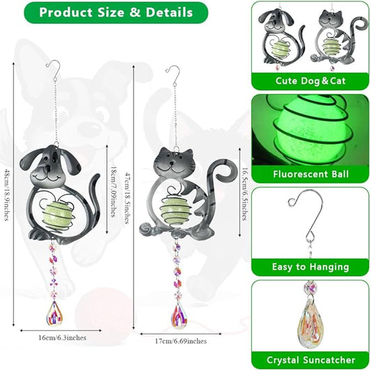 Cat＆Dog Garden Suncatcher,2 Pack Suncatchers with Crystal,Metal Sun Catchers Indoor Window Ornament for Outdoor Indoor Home Garden Decoration
