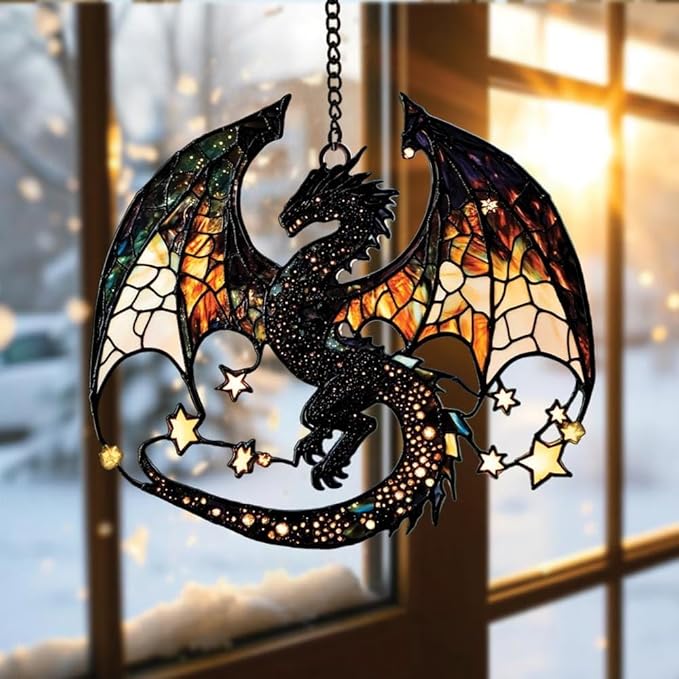 Fantasy Dragon Acrylic Suncatcher, Boho Suncatchers for Window Hanging Ornament, Stained Glass Effect Indoor Outdoor Garden Decor for Dragon Lover, Gifts for Mother's Day, Mom, Grandma, Wife, Women