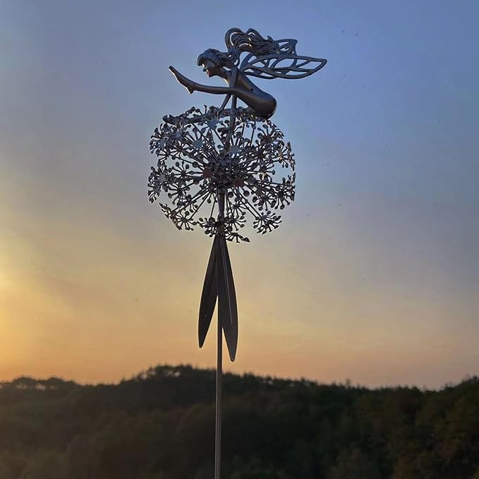 Flower Fairy Dancing with Dandelion, Fairy Garden Sculptures, Angel Metal Ornaments Gardens Art Sculpture, Stainless Steel Statue Garden Ornaments Art Decorations for Outdoor Yard Lawn Patio (D_3D)
