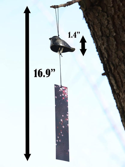 Japanese Wind Chime Cast-Iron Outdoor Ornament for Garden & Patio, 2 Pack Hanging Metal Wind-Bell Decoration Gift, Set of 2 Blessing Pendant Windchimes & PVC Wind-Catcher, Flower & Bird