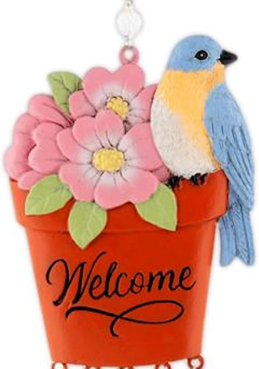 Carson 14" 'Bluebird' Welcome Flower Pot Wind Chime - Floral Chime - Gardening Windchime for Outdoor Decor - Garden Patio Porch